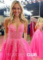Sally |Hot Pink Long Prom Dresses Stores Near Me With V Neck A Line Lace - Price #price_variant_lowest# - Hot Pink - PromDressClub